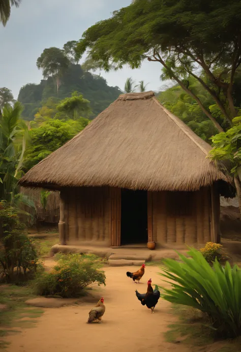 A picture that has small Vietnamese village cottage made of thatched wall and straw roof with a front yard. Next to the cottage, there is an old well and areca tree. On the front yard, there are some free-range little chickens and yellow dried cock.