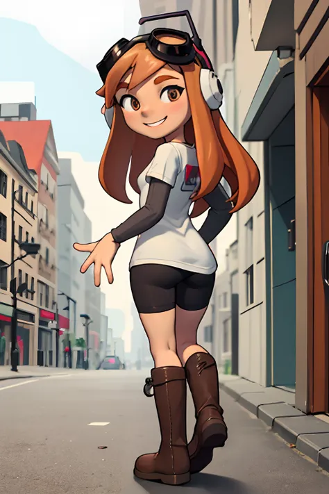 masterpiece, best quality, meggy, headphones, goggles on head, white shirt, layered sleeves, spandex shorts, brown boots, full body, from behind, looking at viewer, smile, city street