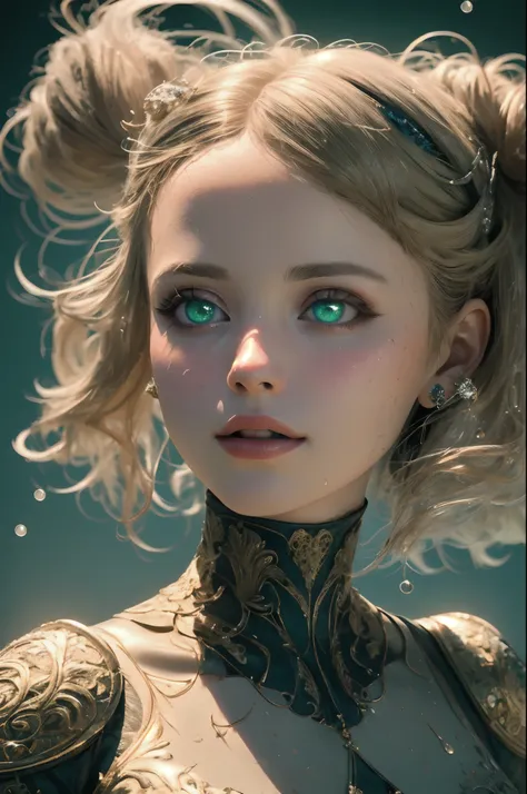 Immerse yourself in the elegance and sophistication of a beautiful blonde girl with sparkling green eyes captivating. Use 3D and 8K Octane display to create a highly realistic depiction of her detailed face. Intricate fine details and seamless display styl...