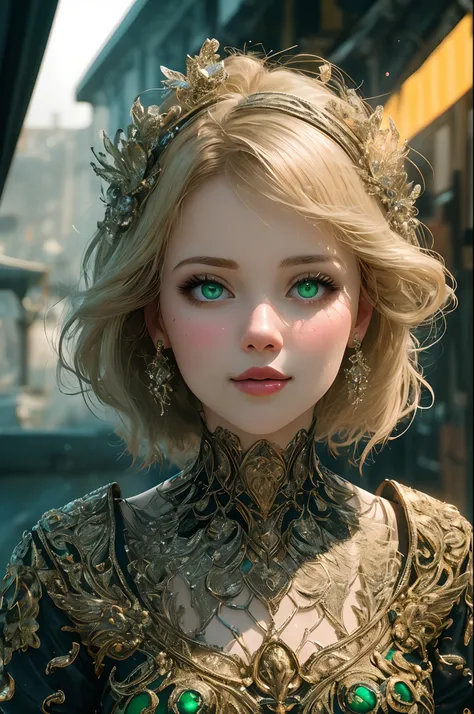 Immerse yourself in the elegance and sophistication of a beautiful blonde girl with sparkling green eyes captivating. Use 3D and 8K Octane display to create a highly realistic depiction of her detailed face. Intricate fine details and seamless display styl...