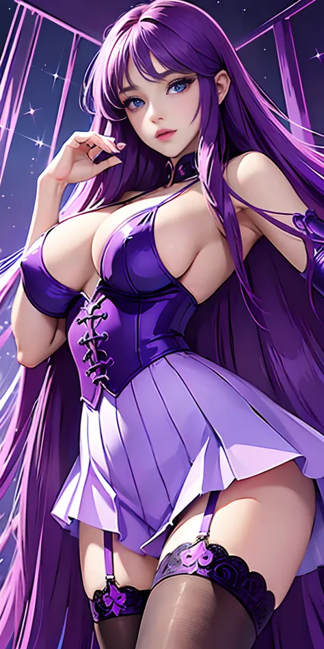 (( best resolution, best quality , nonsense, masterpiece))Kido_Saori, 1 girl,25 years old,standing, solo, huge breasts, corsette,masterpiece, best quality, detailed face, detailed eyes, high resolution , long purple hair , expressive and sparkling blue eye...