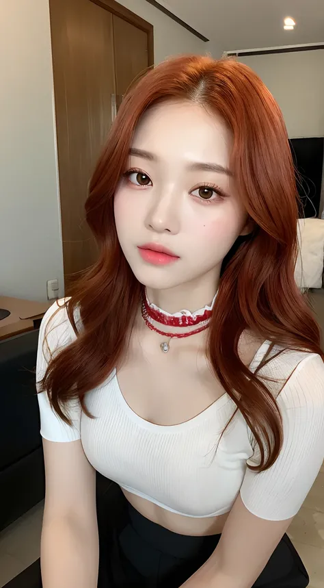 ((Realistic lighting, Best quality, 8K, Masterpiece: 1.3)), Focus: 1.2, 1girl, Perfect beauty: 1.4, Slim Abs: 1.1, ((random layered red hair)), ((long wavy red hair, small breasts: 1.3)), (black chocker, transparent white shirt: 1.1, Black open crotch sock...