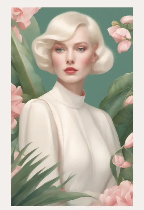 A fashion magazine, Hyperrealistic oil painting, (a pure white parrot), Short hair neutral woman, pink and emerald, Plants cover the background, style of artist hsiao-ron cheng, shiny hair, cowboy shot, Art Deco, Verism, bloom, award winning, retina