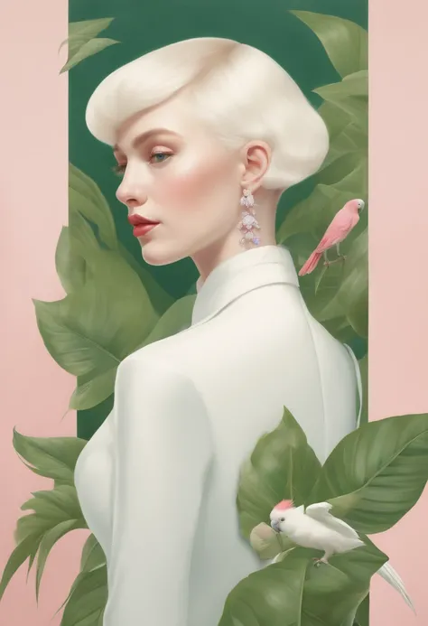 A fashion magazine, Hyperrealistic oil painting, (a pure white parrot), Short hair neutral woman, pink and emerald, Plants cover the background, style of artist hsiao-ron cheng, shiny hair, cowboy shot, Art Deco, Verism, bloom, award winning, retina