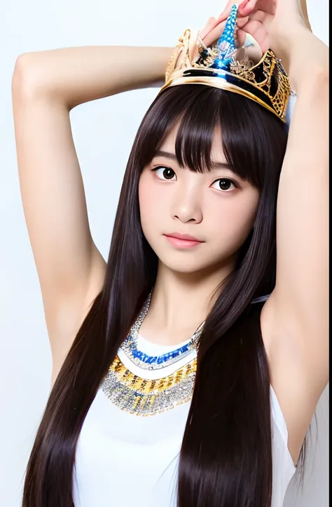 A girl,14 year old,bangs bangs,Upper body,(White background),Armpit,(Black straight long hair),(raise both hands),(tiara),(queen of Egypt)