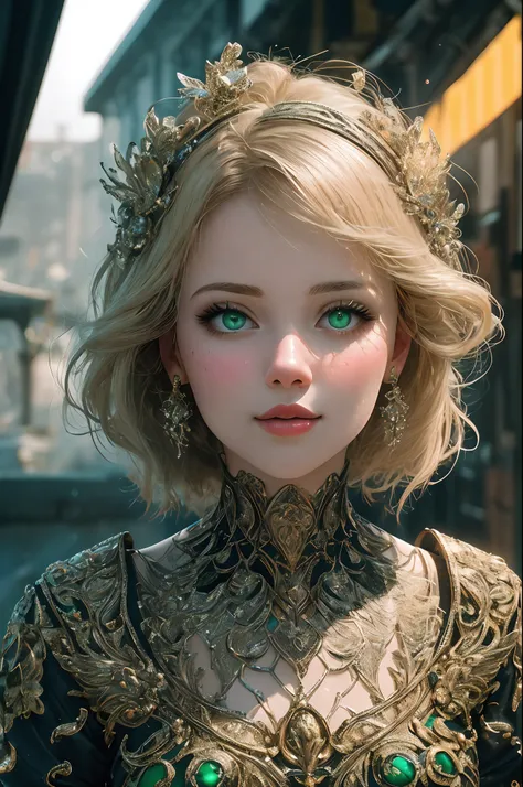 Immerse yourself in the elegance and sophistication of a beautiful blonde girl with sparkling green eyes captivating. Use 3D and 8K Octane display to create a highly realistic depiction of her detailed face. Intricate fine details and seamless display styl...