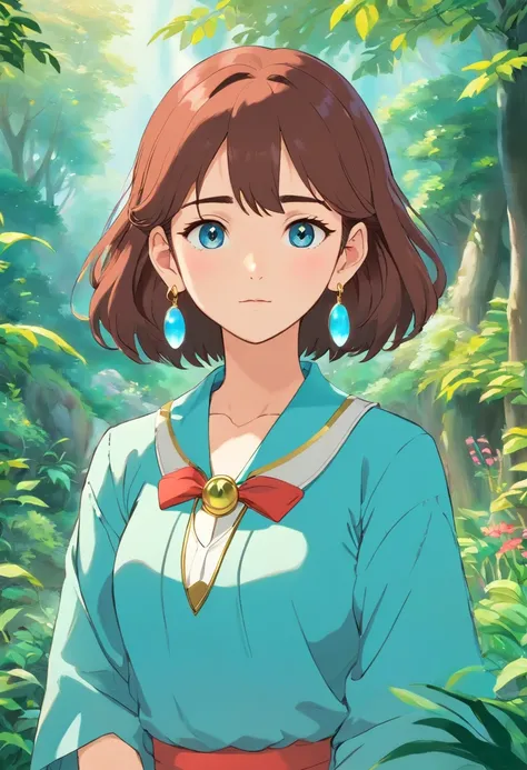 a girl wearing an anime collar, a long necklace and earrings, in the style of tranquil gardenscapes, colorful animation stills, masami teraoka, aquamarine, paul gauguin, Embry style, honest portrayal