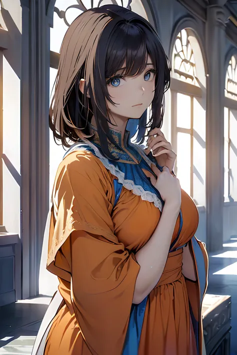 (Best quality, 8k, oil painting, masutepiece:1.2), Ultra-detailed, (Realstic, photoreallistic:1.37), (((bustshot)))、(((cheveux orange vif)))、(((Dressed in a beautiful blue dress)))、(((Tir sur le haut du corps)))、(((Porter une robe bleue)))、(((２０Women of a ...