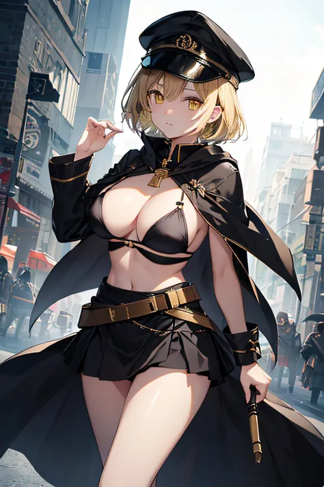 top-quality、extremely delicate and beautiful、femele、Wearing a black cloak。Colossal tits、Black Bikini Bra、Yellow military cap、Thunder properties、a blond、short-haired、Yellow eyes、Navel、Black miniskirt、Belt at waist