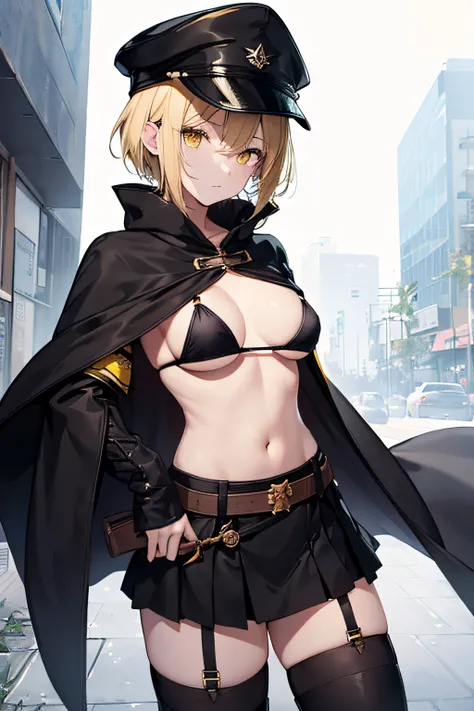 top-quality、extremely delicate and beautiful、femele、Wearing a black cloak。Colossal tits、Black Bikini Bra、Yellow military cap、Thunder properties、a blond、short-haired、Yellow eyes、Navel、Black miniskirt、Belt at waist