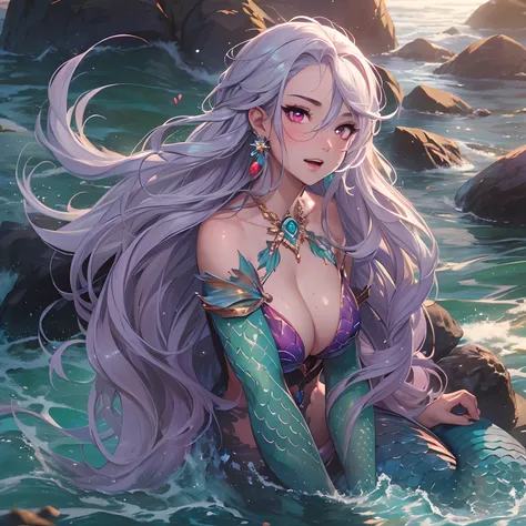 (Masterpiece, Highest quality)), Detailed face, ， full bodyesbian, Full of details, Multiple poses and expressions, Highly detailed, Depth, Many parts，Beautiful mermaid girl，Human fishtail，estilo fantasia，Extremely beautiful，High Balance, Natural light, Wa...