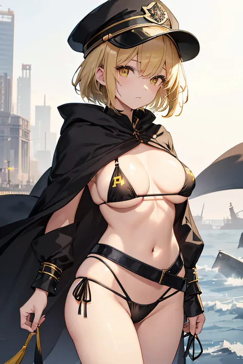 top-quality、extremely delicate and beautiful、femele、Wearing a black cloak。Colossal tits、Black Bikini Bra、Yellow military cap、Thunder properties、a blond、short-haired、Yellow eyes、Navel、((Lower body is yellow micro bikini))、Belt at waist