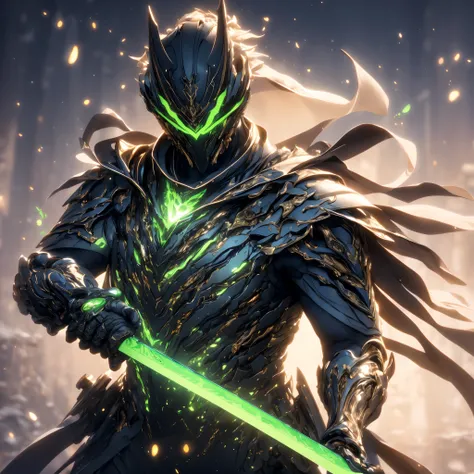 Super realistic, hyper realistic, super detailed, (cybersamurai, 1boy, ((solo)), holding green weapon, wearing black armor and mask, cape, glowing beautiful green eyes, glow:1.3) (glowing simple black background:1.25),  masterpiece, best quality, wide-angl...