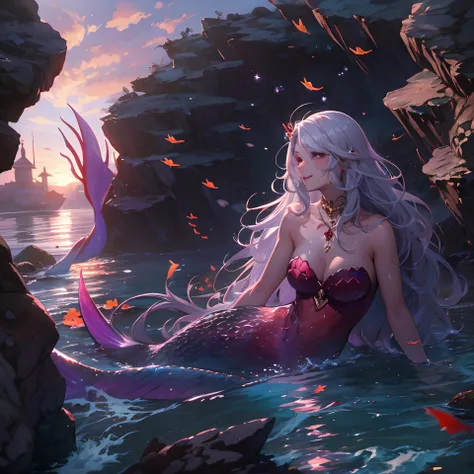 (Masterpiece, Highest quality)), Detailed face, ， full bodyesbian, Full of details, Multiple poses and expressions, Highly detailed, Depth, Many parts，Beautiful mermaid girl，Human fishtail，estilo fantasia，Extremely beautiful，High Balance, Natural light, Wa...