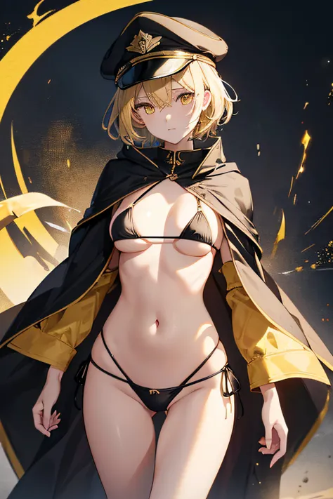 top-quality、extremely delicate and beautiful、femele、Wearing a black cloak。Colossal tits、Black Bikini Bra、Yellow military cap、Thunder properties、a blond、short-haired、Yellow eyes、Navel、((Lower body is yellow micro bikini))、Belt at waist、is standing、Full body...