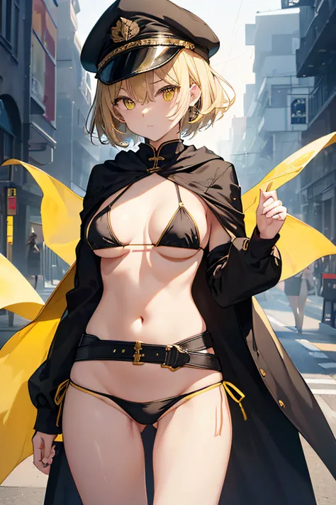 top-quality、extremely delicate and beautiful、femele、Wearing a black cloak。Colossal tits、Black Bikini Bra、Yellow military cap、Thunder properties、a blond、short-haired、Yellow eyes、Navel、((Lower body is yellow micro bikini))、Belt at waist、is standing、Full body...