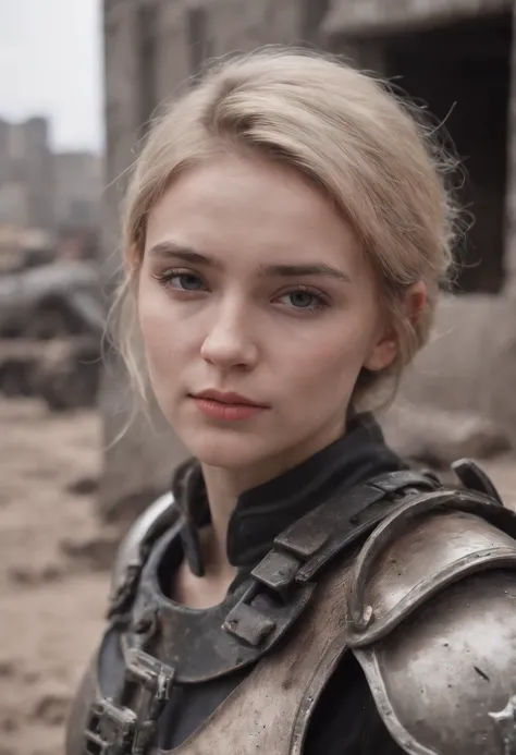 Russian girl 16 years old ,Blonde Dirty Short Hair, dusty face, Clad in the Armor of the Future, Against the backdrop of a desolate post-apocalypse, Ruined Moscow, Ruins of the Kremlin, AR-16 rifle in hand, the wind, Dust, Destroyed buildings, Carcasses of...