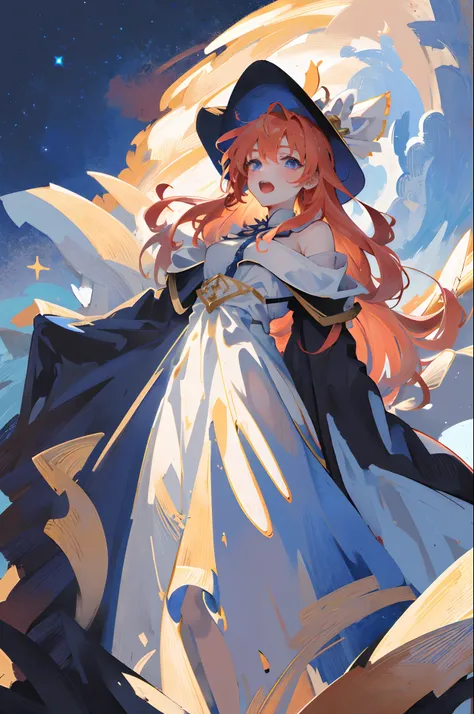 ((Masterpiece: 1.2, Best Quality)), 1girl, Solo, (Witch Hat), Blonde, Long Hair, Dress, Aurora, Night, Stars (Sky), Gloves, Sky, White Dress, Night Sky, Open Mouth, Starry Sky, Blue Eyes, Ribbon, Very Long Hair, Red Dress, Smile, Hair Ribbon, Cloak, Blue H...