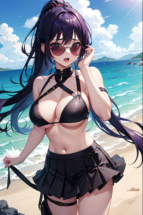 8k, highres, ultra detailed, (masterpiece:1.4), 2 girls , alcohol , bare shoulders , beach , bikini , black bikini , black skirt , blue sky , blush , cleavage , eyewear on head , large breasts , long hair , looking at viewer , miniskirt , navel , open mout...