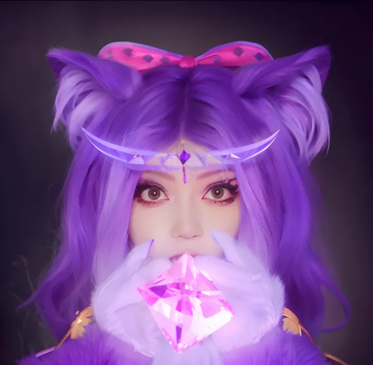 1girl, purple hair, wolf species, demon, Cristals power, queen,so pretty,Right eye color is purple, left eye color is blood red, holding a crystal,Perfect