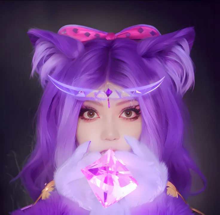 1girl, purple hair, wolf species, demon, Cristals power, queen,so pretty,Right eye color is purple, left eye color is blood red, holding a crystal,Perfect