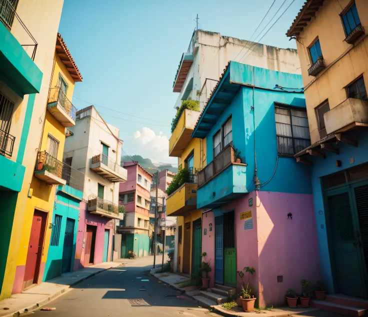 Low angle, GTA V, colorful buildings in a city, favela, an opulent favela environment, favela são paulo, favelas, colorful city, colorful buildings, ancient ruins favela, favela sculpture, colorful buildings, colorful houses