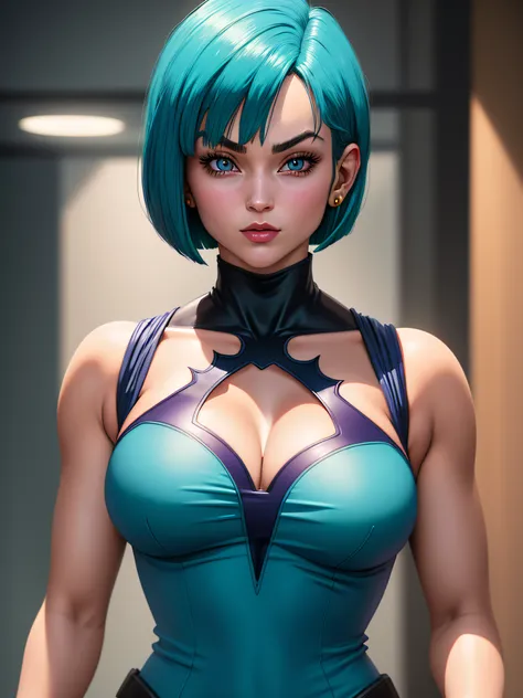 portrait closeup lone (buruma_brief_older Buruma_DBZ_Buu)1.4, (cleavage large_breasts, stylish bob haircut)1.2 (dressed as Batman)1.2, standing, front view, (high detailed skin:1.2)(realistic pupils,realistic iris:1), 8k, aqua_hair