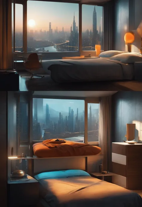 A Gorgeous Sci-Fi Bedroom Matte Painting par John Harris, Sparth et Greg Rutkowski. sharp edges, Bleu tiffany, gris orange, white and gold. Sci - Fi Chambre dans une base spatiale, Outside the windows A future Skyline city, light effect. Ultra clear detail...