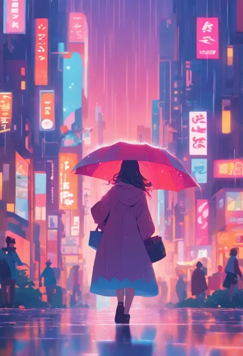 illustration of a woman walking through a city with various objects, editorial illustration pastelcolor, in style of james gilleard, illustration style, james gilleard artwork, flat illustration, in style of digital illustration, magazine illustrations, ed...