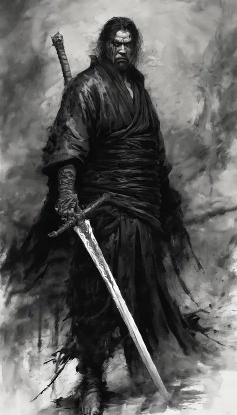 middle aged man, Evil painting style, A high resolution, Black color hair, Half is the body of a demon，Chinese Warrior, sbeard, Expression of anger, Perfect body proportions, kaftan, Black and white robes, Handsome, Full body view, standing on your feet, （...