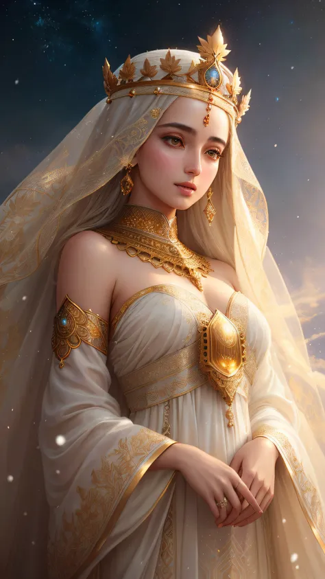 Soft and dreamy 8mm lens portrait of an Arabic dev brama of a universe adorned with a natural crown of gold and leaves and masses, ethereal dress. Soft snow sky. Using 8K High Definition. Art styles Greg Rutkowski , Android Jones , Tamsyn. Intricate dynami...