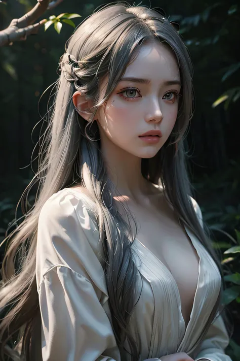 Stunning girl with long gray hair, Fair skin, And red eyes, In the forest with movie lighting, dark and gloomy. She wears a golden white dress, Her eyes focused, Looking at the viewer. Her skin is fair, Her face is delicate and perfect, Super masterpiece, ...