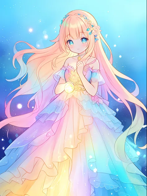 beautiful girl in a tiered layered princess ballgown, vibrant pastel colors, (colorful), long flowing colorful hair, magical lights, sparkling magical liquid, inspired by Glen Keane, inspired by Lois van Baarle, disney art style, by Lois van Baarle, glowin...