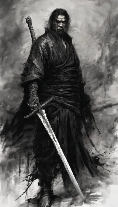 middle aged man, Evil painting style, A high resolution, Black color hair, Half is the body of a demon，Chinese Warrior, sbeard, Expression of anger, Perfect body proportions, kaftan, Black and white robes, Handsome, Full body view, standing on your feet, （...