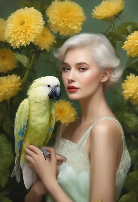 fashion magazine，ultrarealism oil painting，（Pure white parrot），Short-haired grandmother and young girl，Light green and pinkish yellow，Chrysanthemum and plant covering background，The style of artist Bruce Zheng，shinny hair，cowboy lens，art-deco，Verism，blooms...