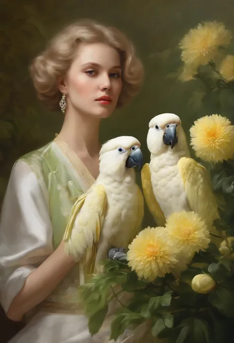 fashion magazine，ultrarealism oil painting，（Pure white parrot），Short-haired grandmother and young girl，Light green and pinkish yellow，Chrysanthemum and plant covering background，The style of artist Bruce Zheng，shinny hair，cowboy lens，art-deco，Verism，blooms...