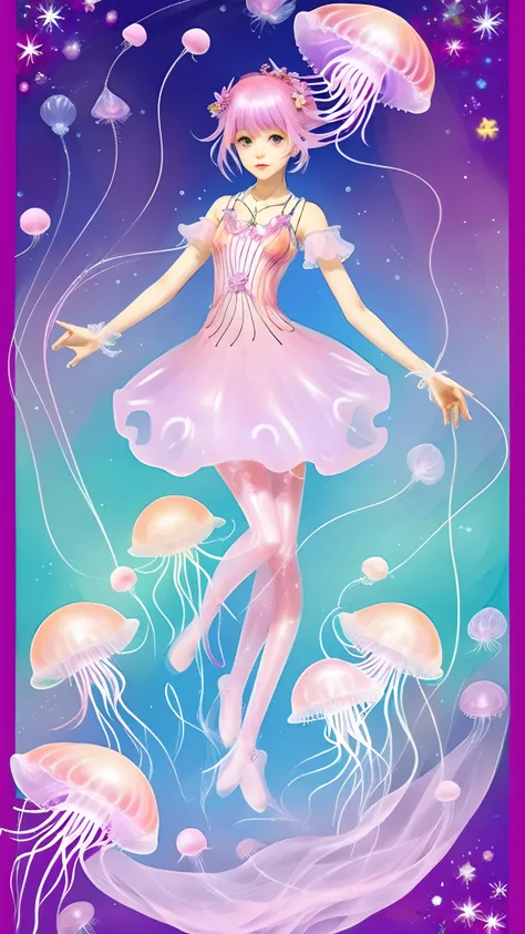 Pink and lilac jellyfish (girl). Only the legs are shaped like jellyfish. anime style