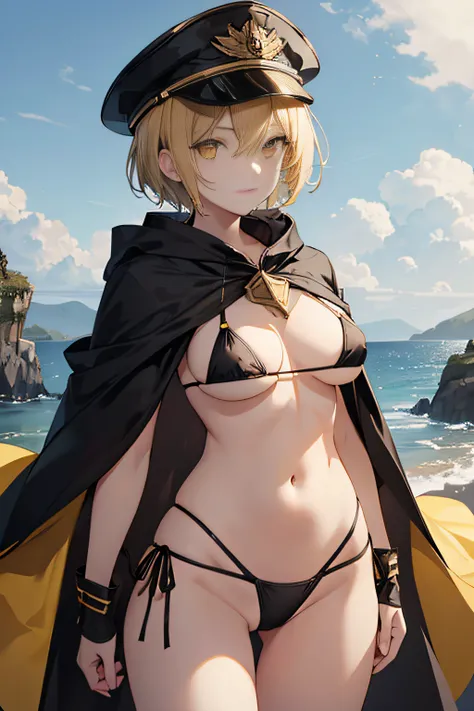 top-quality、extremely delicate and beautiful、femele、Wearing a black cloak。Colossal tits、Black Bikini Bra、Yellow military cap、Thunder properties、a blond、short-haired、Yellow eyes、Navel、((Lower body is yellow micro bikini))、Belt at waist、is standing、full-body...