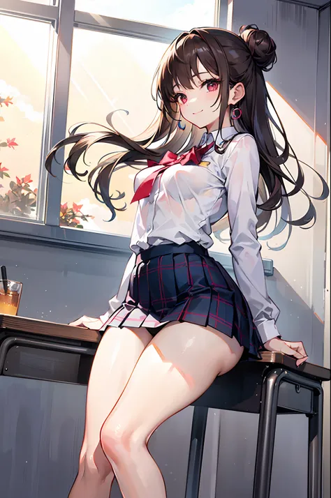 Realistic and detailed image of a girl in a school uniform with pleated plaid mini skirt. She has long wavy brown hair in a side bun. Red eyes. She has earrings, long eyelashes. she has small breasts, slim waist, very wide hips and thick thighs. smiling, p...