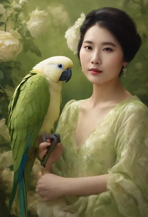 fashion magazine，ultrarealism oil painting，（Pure white parrot），Chinese short-haired grandmother and young girl，Light green and powder yellow，Chrysanthemum and plant covering background，The style of artist Bruce Zheng，shinny hair，cowboy lens，art-deco，Verism...