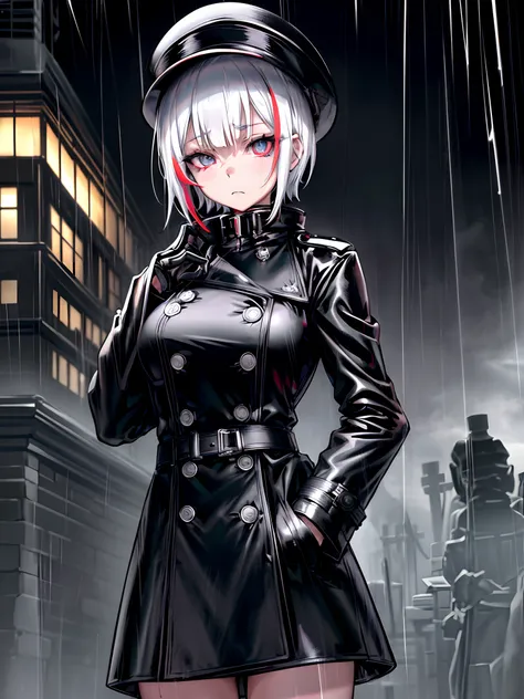 ((​masterpiece、top-quality)), (1girl in), (独奏), (female focus), (white  hair, short-hair, Undercut), Black eye, (Black pointed hat), Black military uniform, (Black trench coat, Long trench coat), Wet clothes, (hands on pockets), (very heavy rain, Sateen, c...