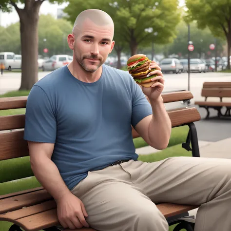 44-year-old man with shaved head sitting on park bench eating a hamburger and drinking a soda