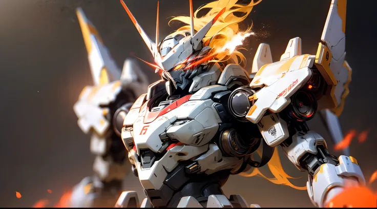 a beautiful game cg based on doomsday theme a，this is a light black and light white mech，its hand holds a broad epee，it emits a ...