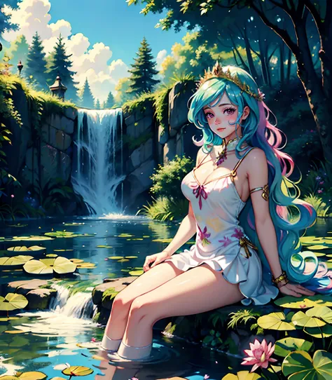 Celestia, celestia from my little pony, celestia in the form of a girl, long wavy hair, pink eyes, lush breast, greek columns, outside, beautiful majestic forest, vine leafs wrapping the columns, bush of flowers everywhere, wearing a white goddess dress, k...