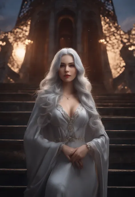 gorgeous silver hair in deep V silver  dress, red moon in the sky, bat swarm surrounding her, bats flying around her,, isekai, detailed face, detailed face expressions, natural face expressions, tall and slender body, slim long legs, fair and smooth skin, ...