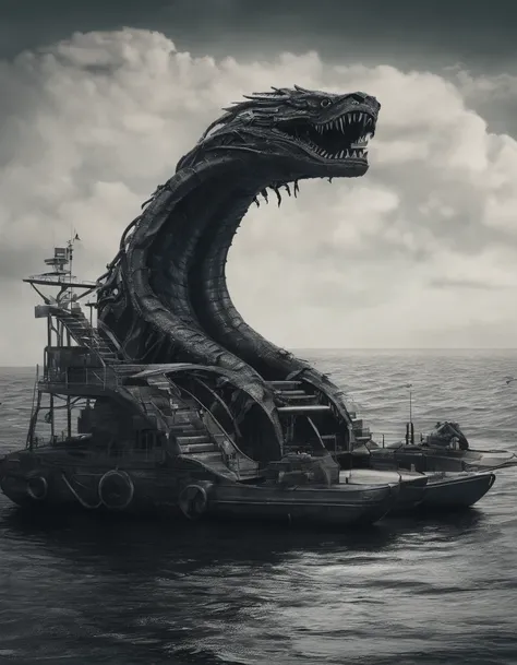 Ugly snake monsters  Body shape huge, standing in ocean, tosen, There is a small fishing boat around, A grand spectacle, Oppressive atmosphere, surrealism, Chiaroscuro, Cinematic lighting, Wide shot, Masterpiece, ccurate, Anatomically correct, Super detail...