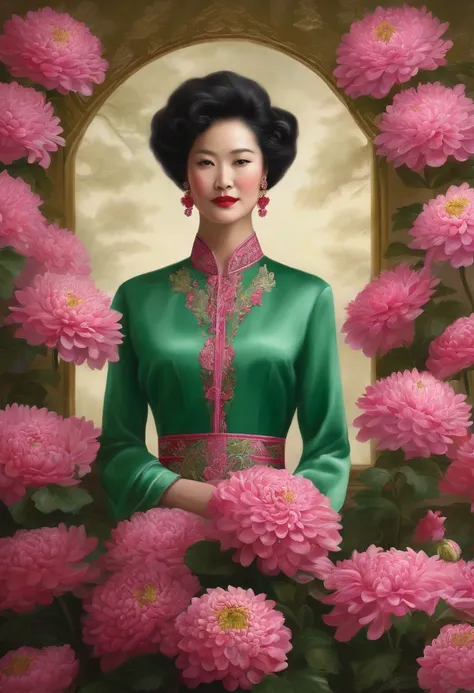 fashion magazine，ultrarealism oil painting，（chrysanthemums），Chinese grandmother，Pink and emeralds，Plant cover background，The style of artist Bruce Zheng，shinny hair，cowboy lens，art-deco，Verism，blooms，Award-Awarded，retinas