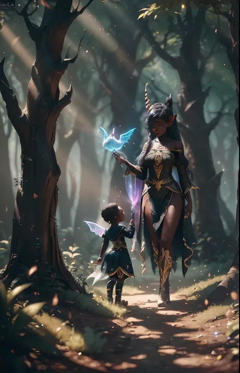 black children elves playing with  unicorns in a fairy forest full of black elves, black fairy angels flying, mystical forest with fairy dust in air shining, with iridescent light, 32k, ultra HD, unreal engine rendered, cinematic lighting, artgerm style, c...