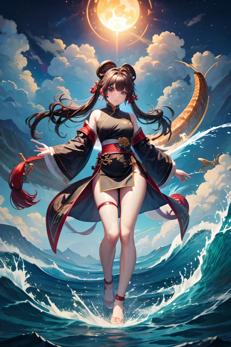 China-style，Chinese mythology，Xuanwu，faucet，Turtle body，Heavy tortoiseshell shell，Snake tail，has horns on its head，tosen，Ferocious，gargantuan，The eyes glow blue light，the sea，Huge waves，surrounded by cloud，中景 the scene is，Full body like， highly detailed su...