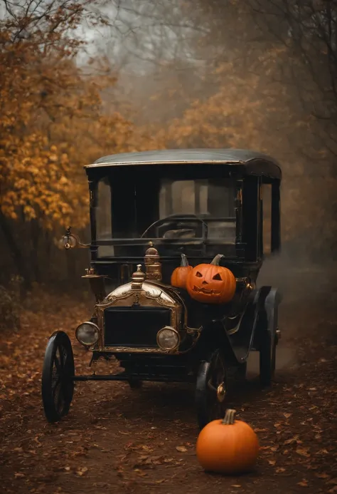 A halloween pumpkin carriage at hill, Halloween night, super realistic, glowing orange pumpkin carriage, pumpkins at hills, cloudy sky, detailed art, cinematic art, 24K UHD resolution, blurred background, ultra high detailed, scary, mist